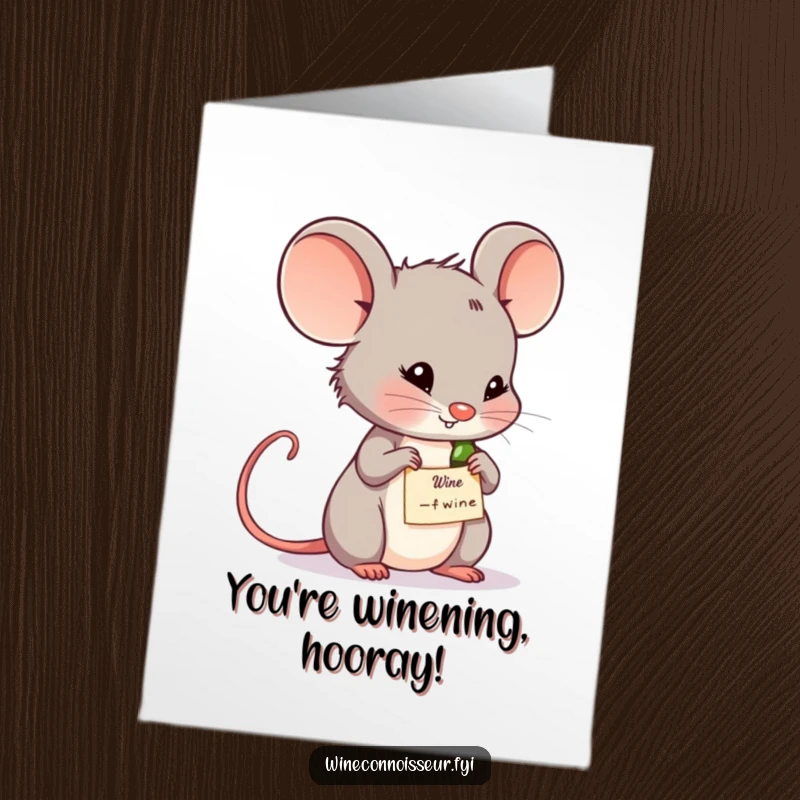 Funny Free Printable thoughtful mouse contemplating wine label, perfect for a congratulations card, smart downloadable surprise.