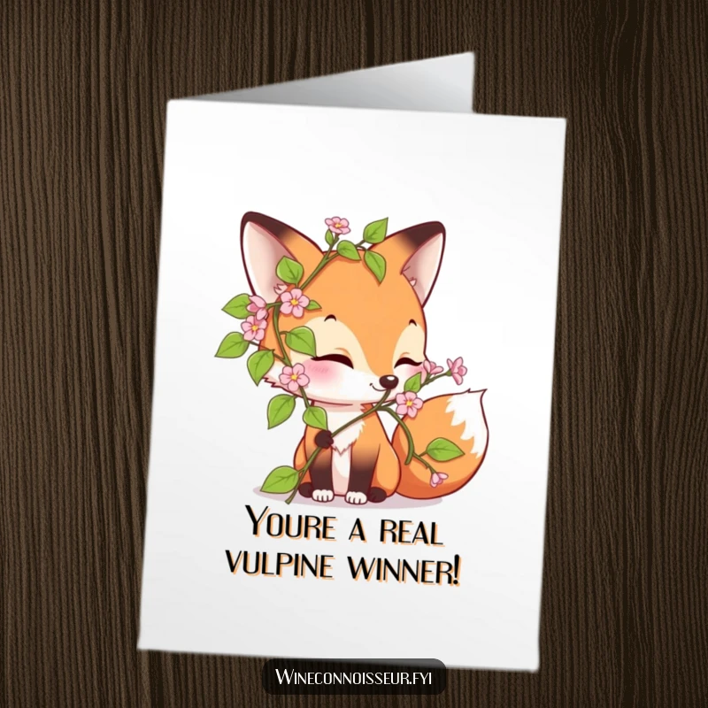 Funny Free Printable Congrats Card: Curious fox joyfully sniffing a blooming vine, expressing congratulations, downloadable gift.