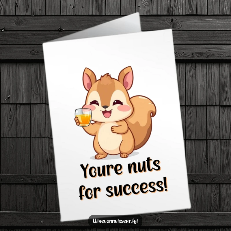 Funny Free Printable Congrats Card: Happy squirrel raising a tiny glass of amber liquid in a toast, celebrating success, downloadable gift.