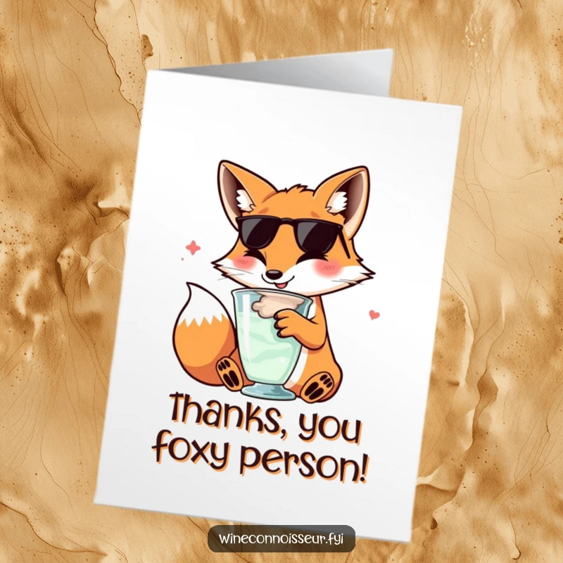 Funny Free Printable Thank You Card: A sophisticated kawaii fox happily swirling a drink, expressing thanks with a refined smile.