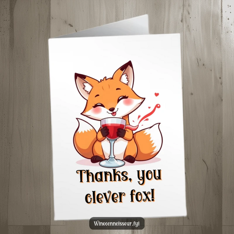 Funny Free Printable Thank You Card: A smiling fox expertly swirls a goblet of red liquid, expressing thanks with downloadable sophistication.