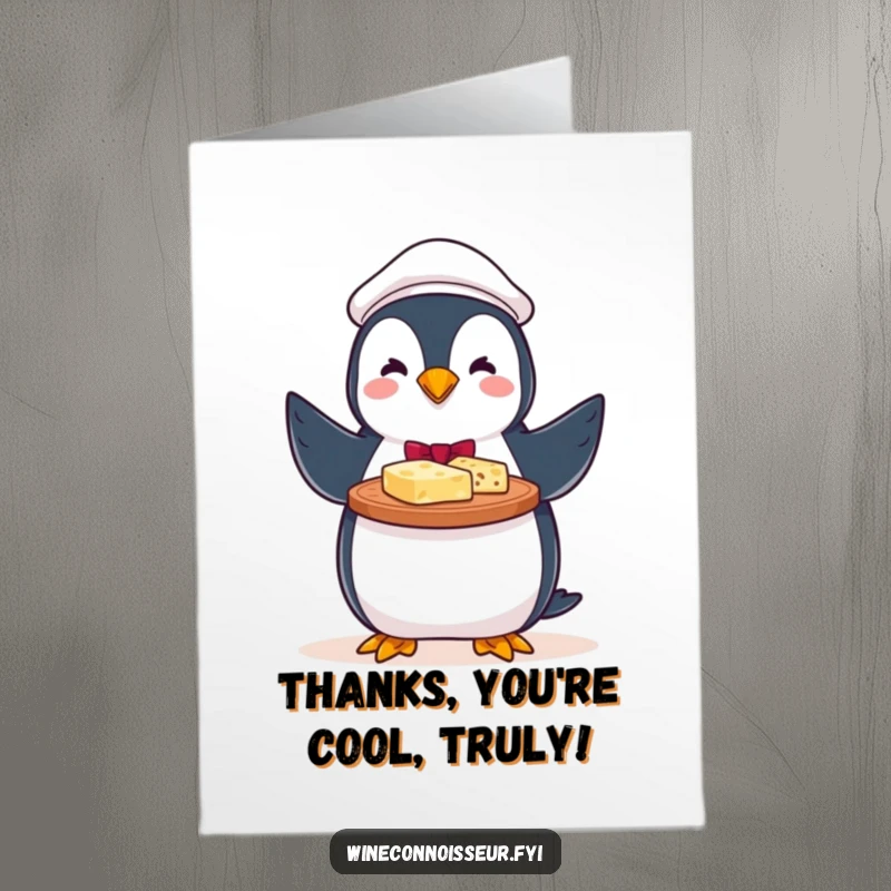 Funny Free Printable thank you card of a perky penguin server proudly presenting a cheese platter.