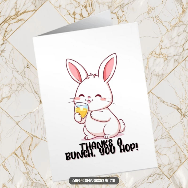 Funny Free Printable Thank You Card: Kawaii rabbit smiling and clinking a tiny champagne flute, expressing gratitude sweetly.
