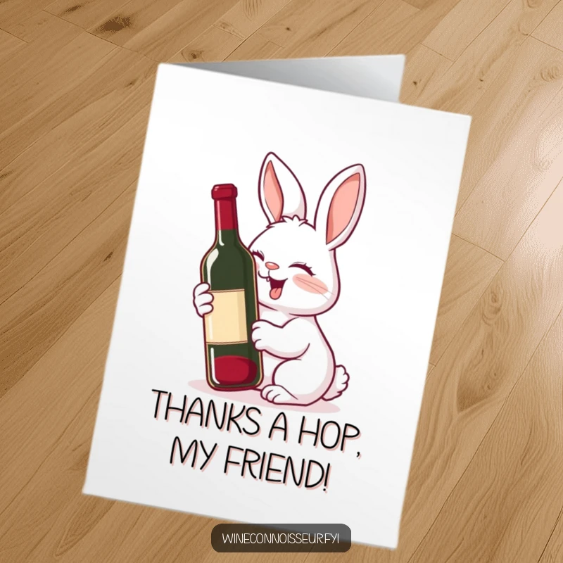 Funny Free Printable Thank You Card: A giggling rabbit with a delighted expression sniffs a wine bottle, expressing thanks with downloadable charm.