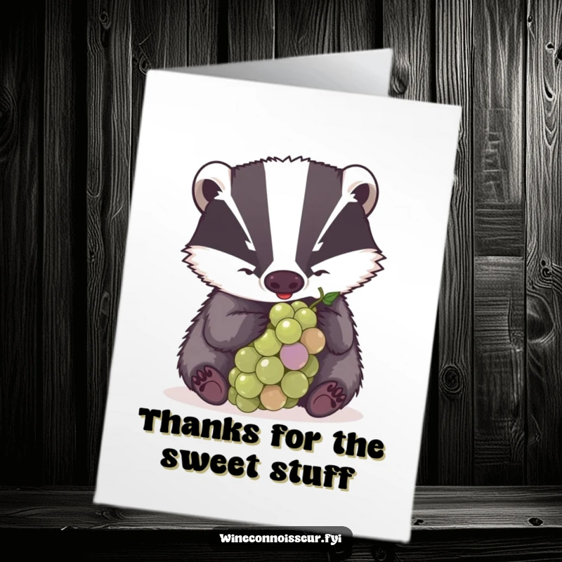Funny Free Printable Thank You Card of a determined badger intensely examining a grape, conveying thanks with focused sincerity.