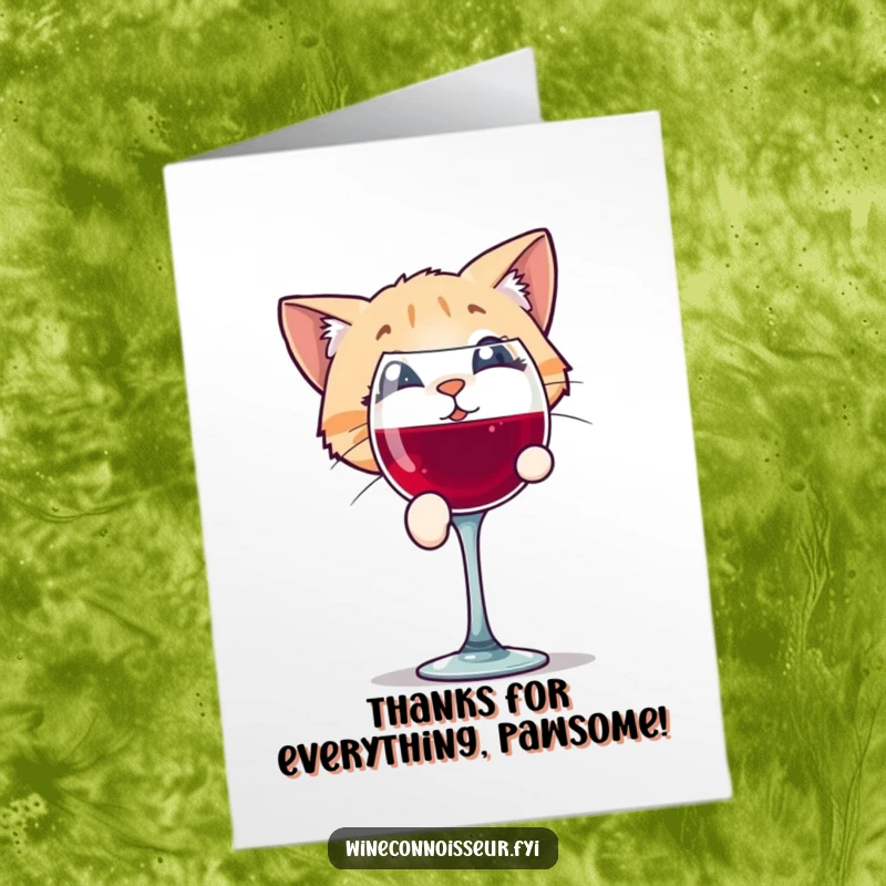 Funny Free Printable Thank You Card: Playful cat character peering into a wine glass with intrigue, offering thanks with downloadable charm.
