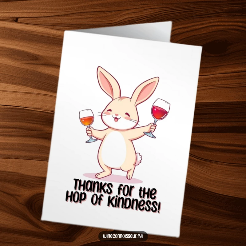 Funny Free Printable Thank You Card: A joyful rabbit waltzing with a wine glass, a delightful downloadable thank you message.