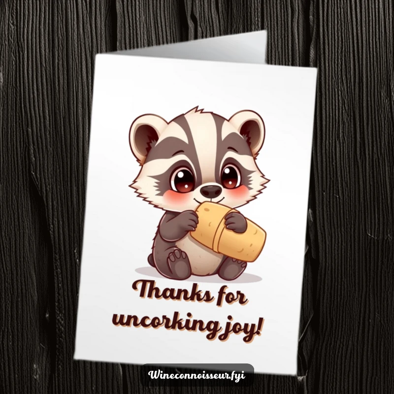 Funny Free Printable Thank You Card: Curious Kawaii badger peers closely at a cork, a humorous thank you card.
