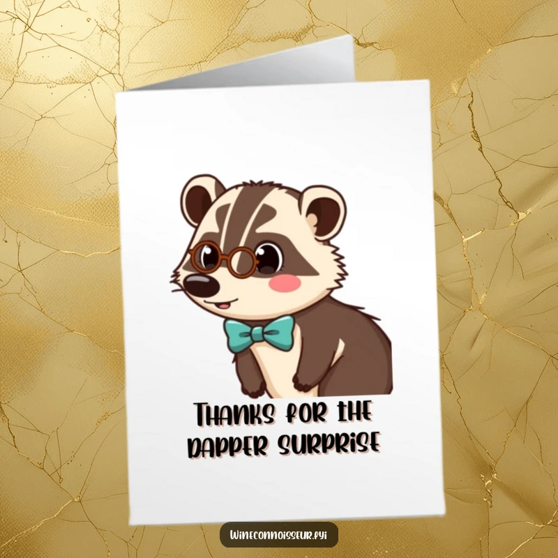 Funny Free Printable Thank You Card: Surprised badger in monocle and bow tie, expressing thanks with style, downloadable gift.