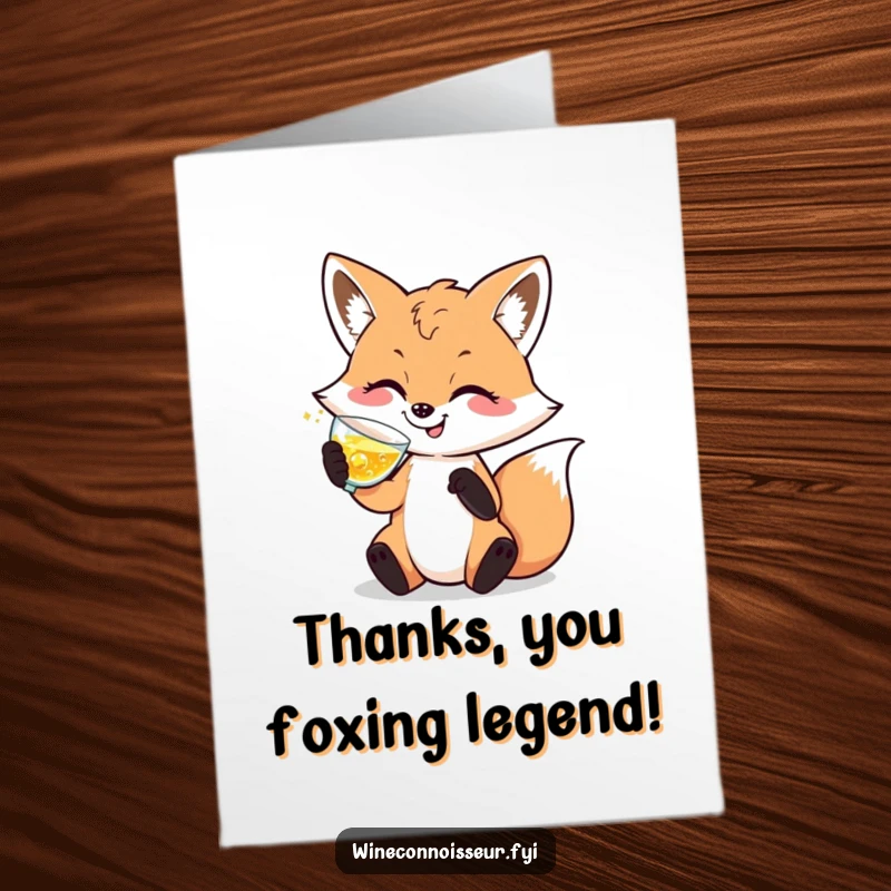 Funny Free Printable Thank You Card: Sophisticated fox character gracefully swirling sparkling wine to express sincere thanks.