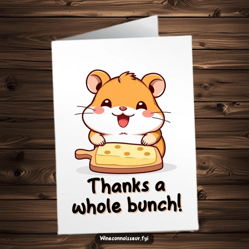 Funny Free Printable Thank You Card: Kawaii hamster beaming with delight offers a delicious cheese board as thanks.