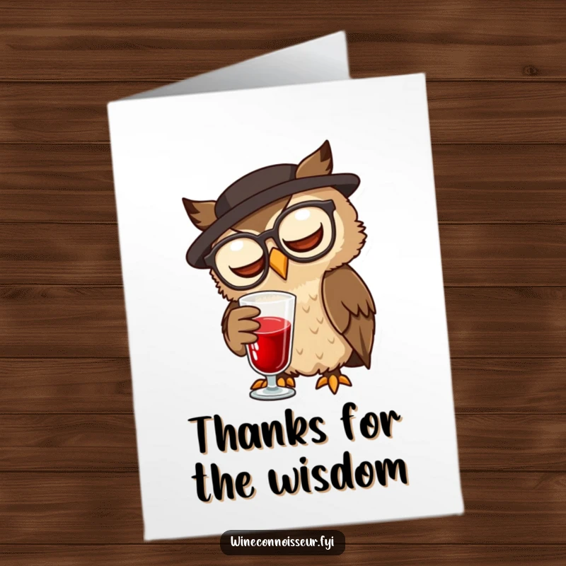 Funny Free Printable Thank You Card: A brown owl with glasses swirls a glass of red wine.