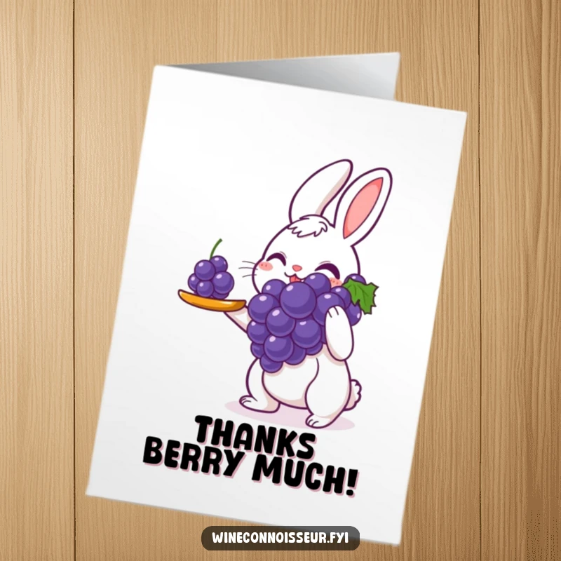 Funny Free Printable Thank You Card of a delighted rabbit server presenting a single perfect grape with careful attention.