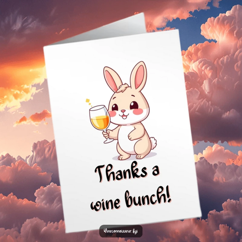 Funny Free Printable Thank You Card: Smiling rabbit character holding a wine glass with a flourish, offering thanks with downloadable elegance.