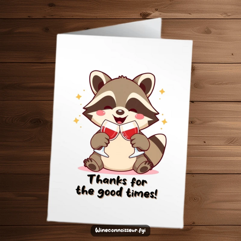 Funny Free Printable Thank You Card: Joyful Kawaii raccoon clinks wine glasses happily, a celebratory way to say thanks.