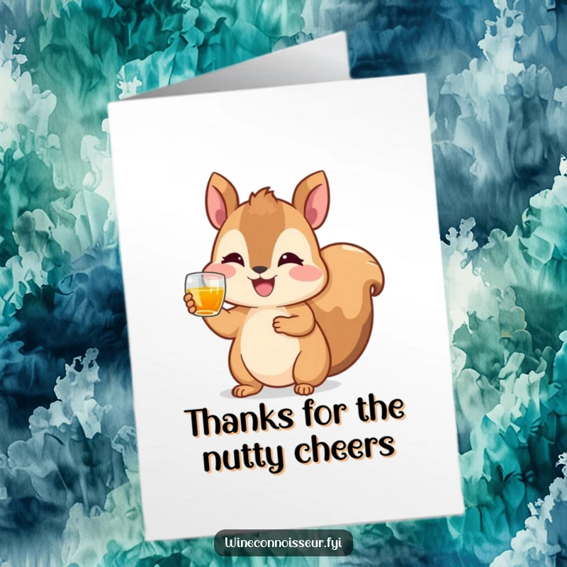 Funny Free Printable Thank You Card: Happy squirrel raising a tiny glass of amber liquid in a toast, conveying thanks, downloadable gift.