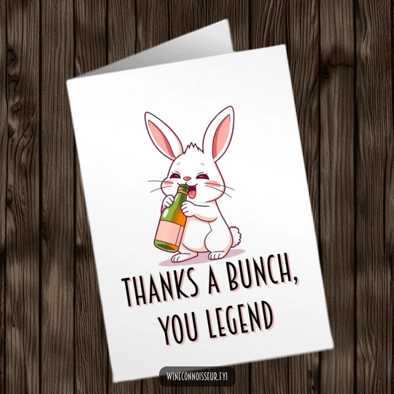 Funny Free Printable Thank You Card: A rabbit enthusiastically uncorks a miniature wine bottle to say thanks.