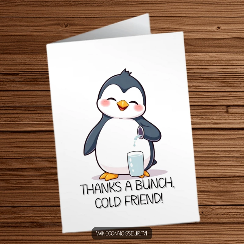 Funny Free Printable Thank You Card: A giggling penguin precisely pours a tiny amount of liquid, offering thanks with a joyful, silly expression.