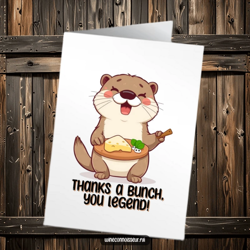Funny Free Printable Thank You Card: A delighted otter showcases a gourmet cheese platter, appreciating your kindness.