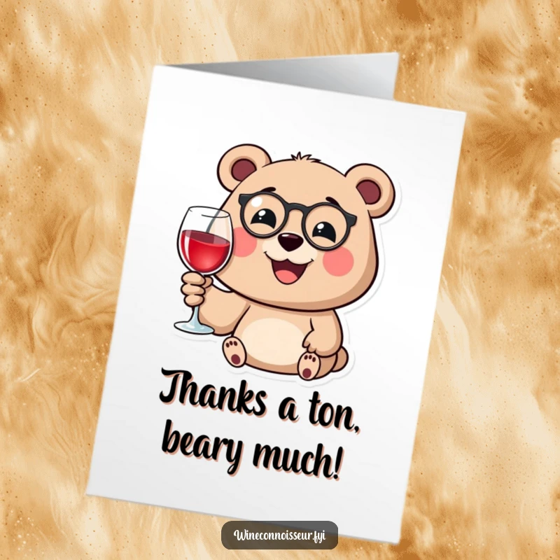Funny Free Printable Thank You Card: A happy bear with a monocle grins, holding a wine glass, expressing thanks with downloadable elegance.