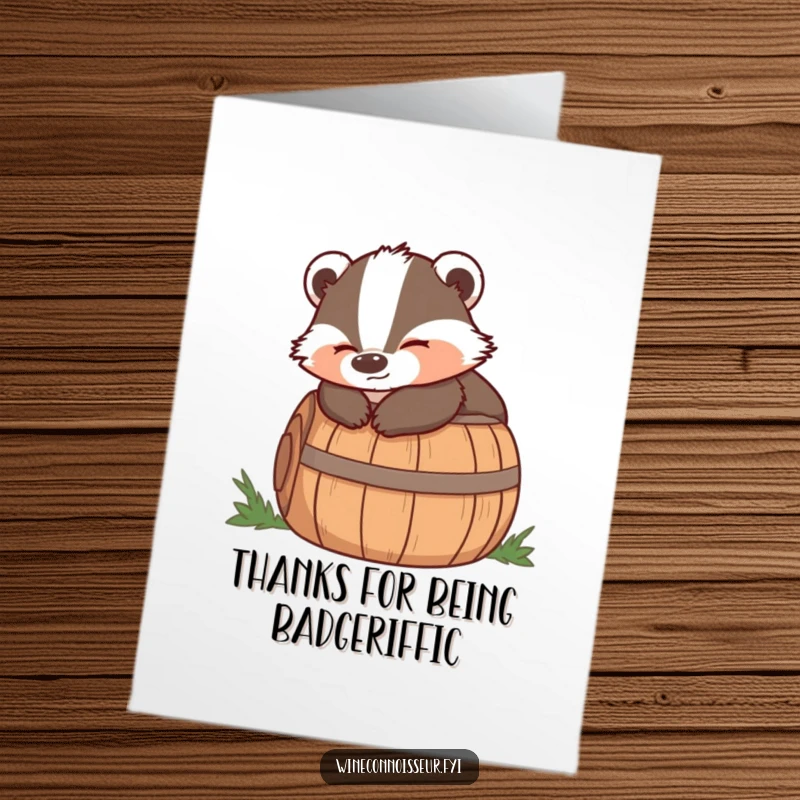 Funny Free Printable Thank You Card of a wise badger character relaxing on a barrel with a satisfied expression of gratitude.