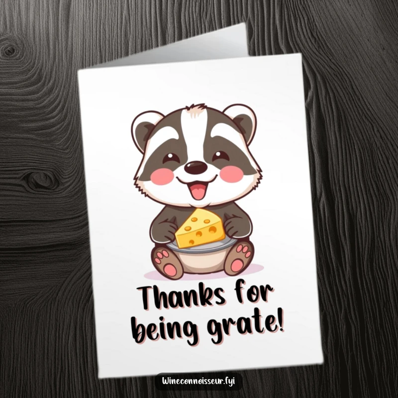Funny Free Printable joyful badger with cheese, perfect for a thank you card, savory downloadable gift.