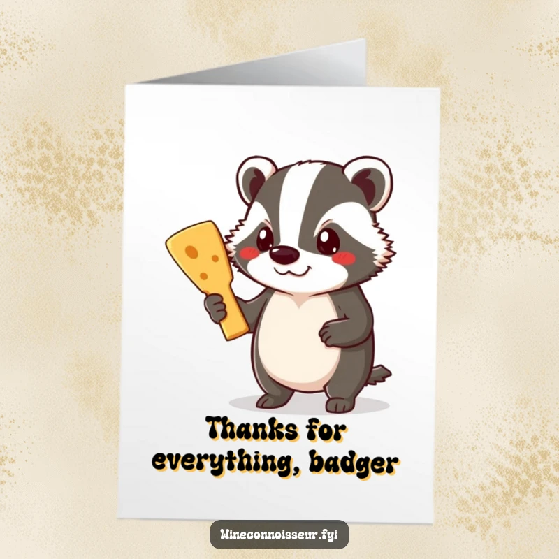 Funny Free Printable Thank You Card: A proud badger presents a delightful cheese board in thanks.