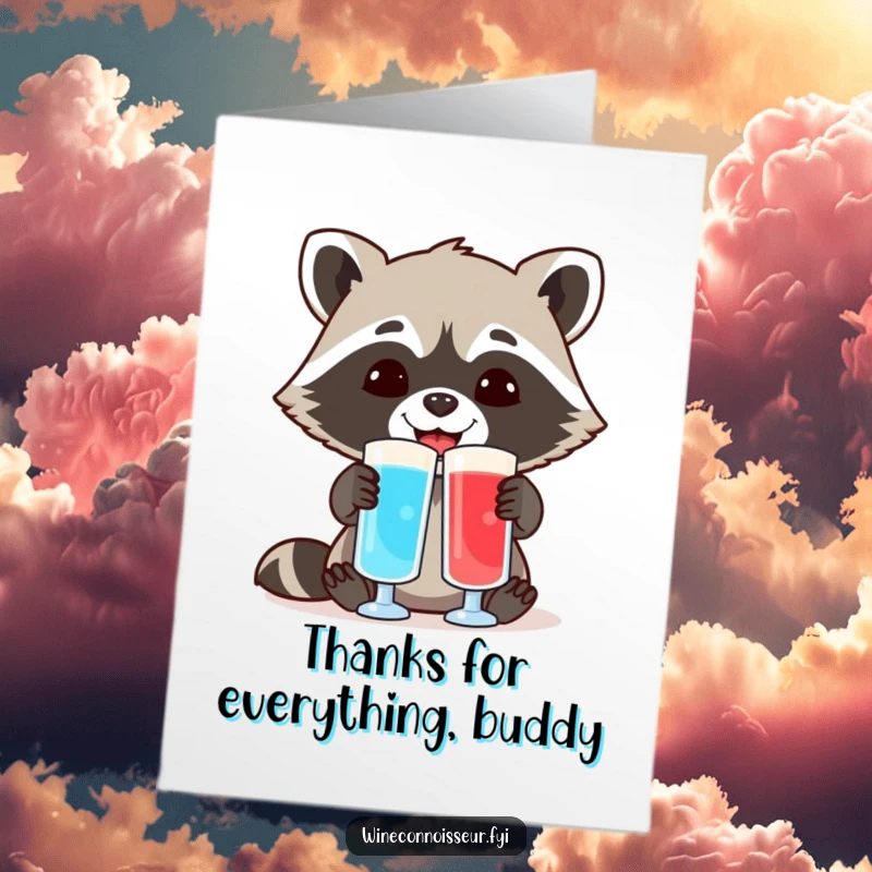 Funny free printable thank you card showing a cheerful raccoon carefully comparing two distinct colored liquid samples.