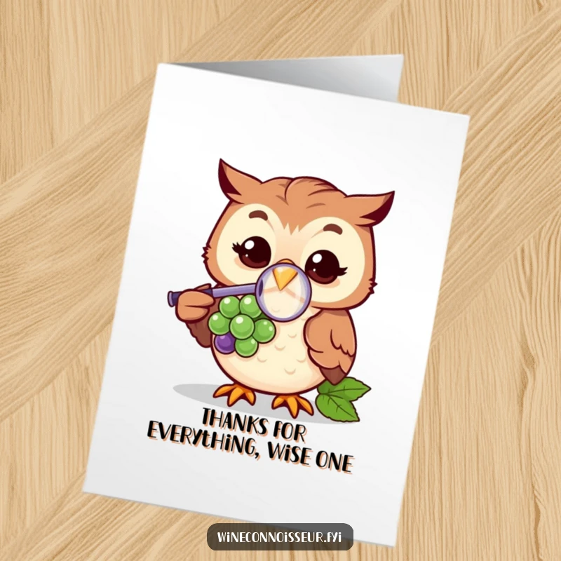 Funny Free Printable Thank You Card: Cheerful owl intently studying a grape with a magnifying glass, expressing thanks, downloadable gift.