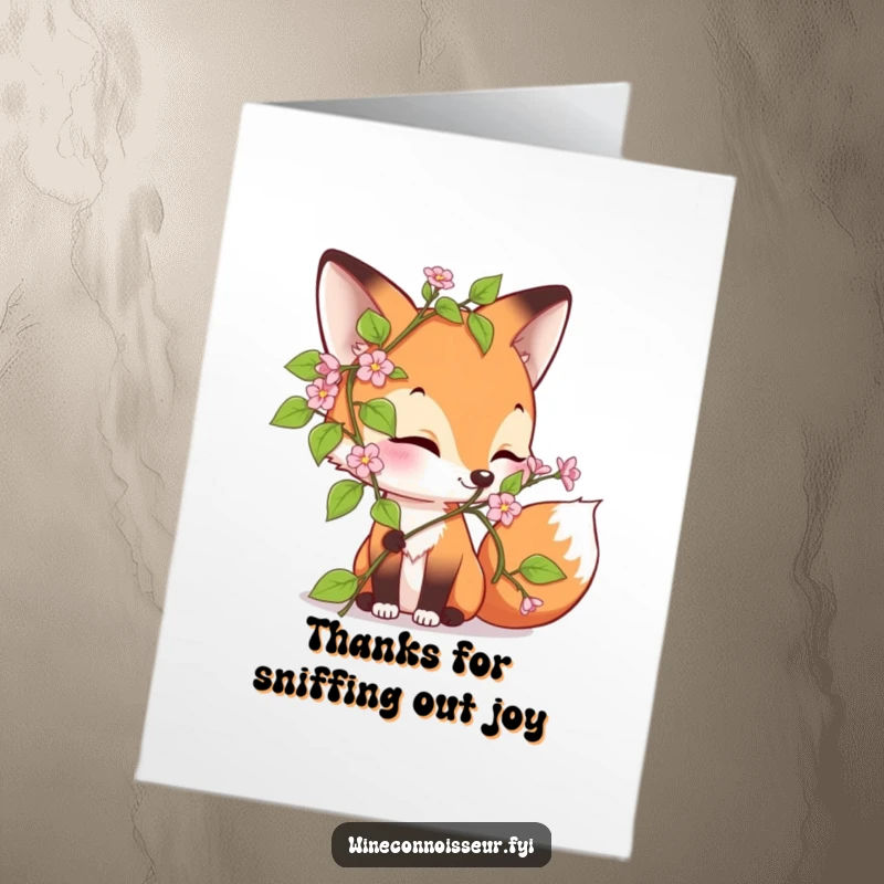 Funny Free Printable Thank You Card: Curious fox delightedly sniffing a blooming vine, conveying thanks, downloadable gift.