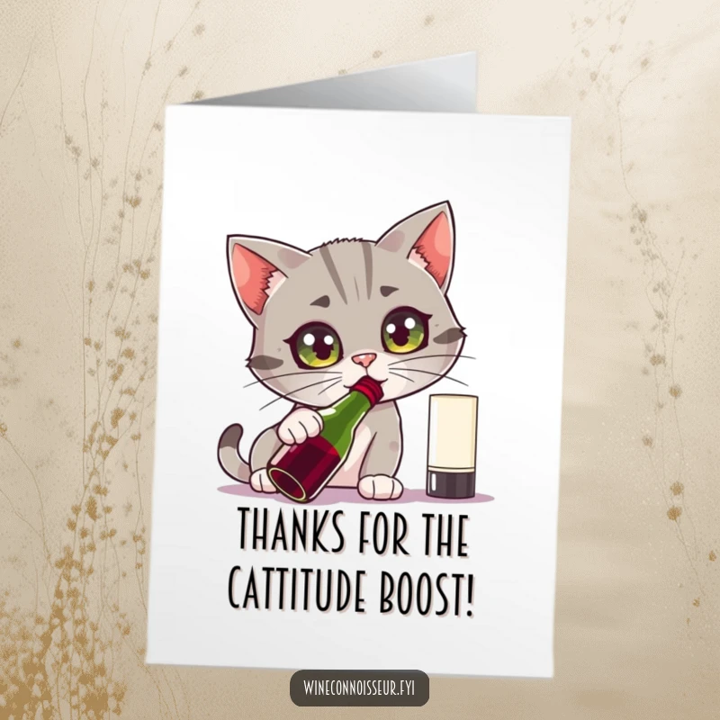 Funny Free Printable Thank You Card: A curious cat sniffing a wine bottle with intense, questioning eyes.