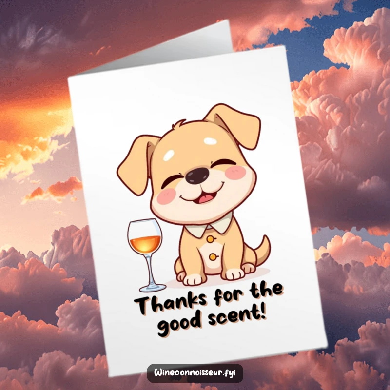 Funny Free Printable Thank You Card featuring a happy dog sommelier carefully sniffing an invisible aroma, conveying thanks.