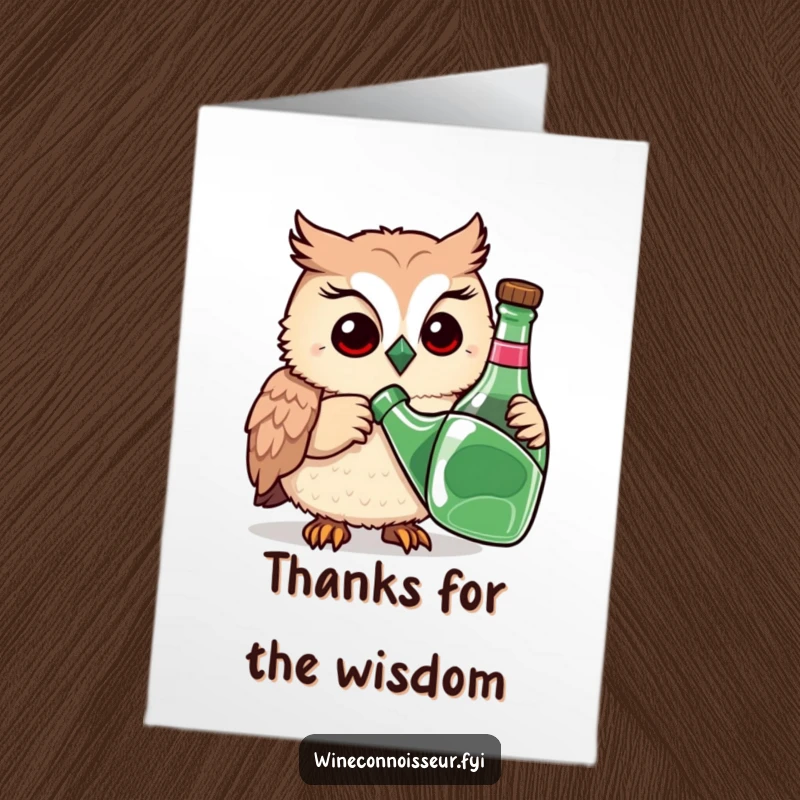 Funny Free Printable Thank You Card of a playful owl thoughtfully sniffing a bottle, conveying gratitude with a unique twist.
