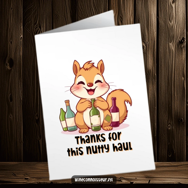 Funny Free Printable Thank You Card: A giggling squirrel proudly displays a tiny collection of wine bottles.
