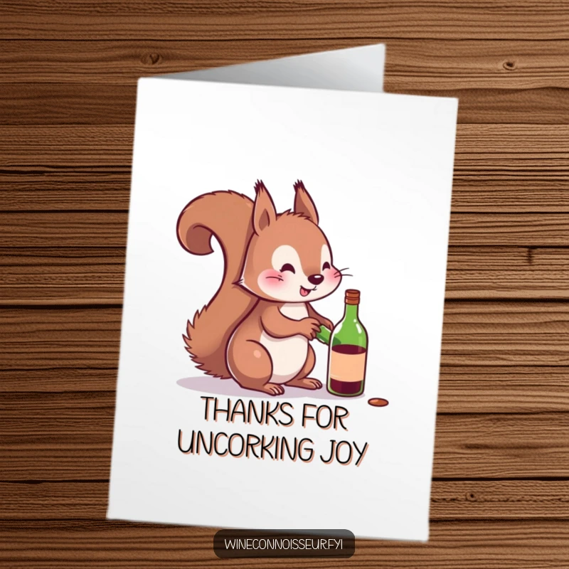 Funny Free Printable Thank You Card of a playful squirrel character attempting to uncork a miniature wine bottle, saying thanks.