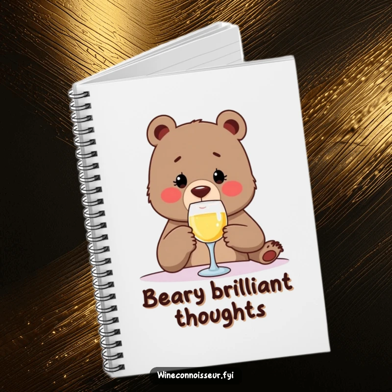 Funny notebook cover featuring a determined bear enjoying a tiny sip of wine, inspiring witty thoughts and creative journaling with humor.