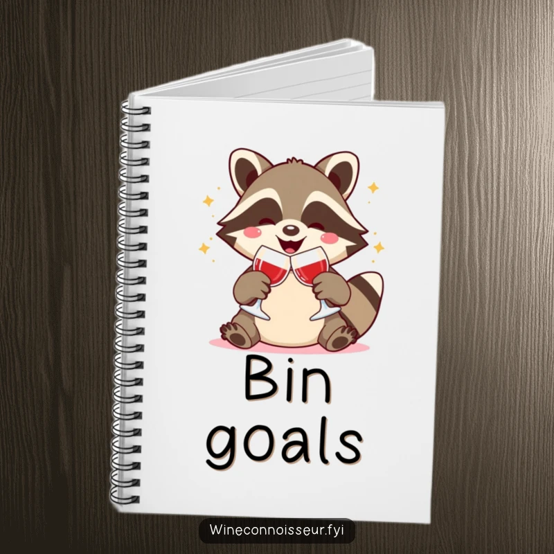 Funny notebook with a joyful Kawaii raccoon clinking wine glasses, festive animal theme, perfect for journaling and event planning.