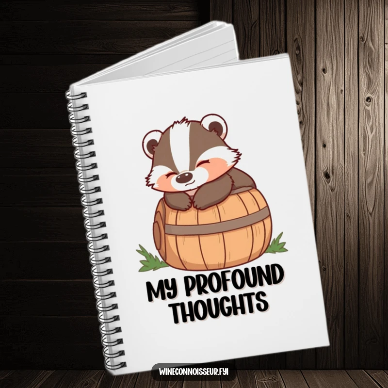Funny notebook cover with a wise badger lounging on a barrel with a satisfied expression, perfect for jotting down wise reflections.