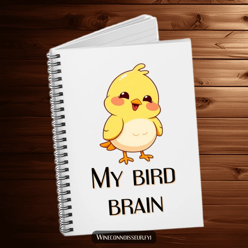 Funny joyful yellow bird with a pleased expression nodding thoughtfully on a funny notebook cover.