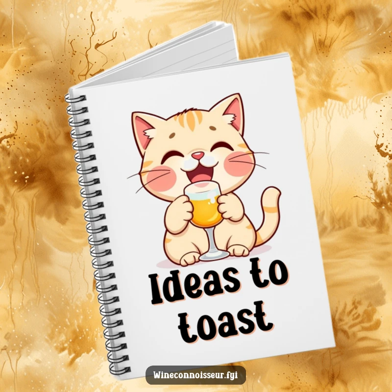 Funny cat notebook with a delighted cat character toasting with a miniature glass, perfect for journaling happy occasions.