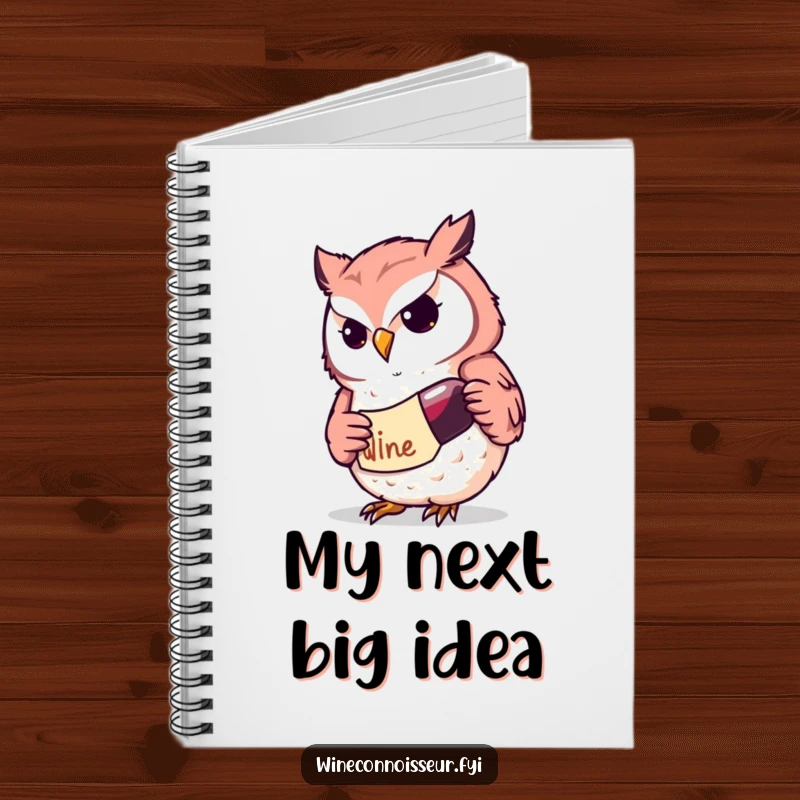 Funny Kawaii owl wine notebook with a determined character studying a label, ideal for jotting down thoughts with intelligence and humor, a thoughtful gift.