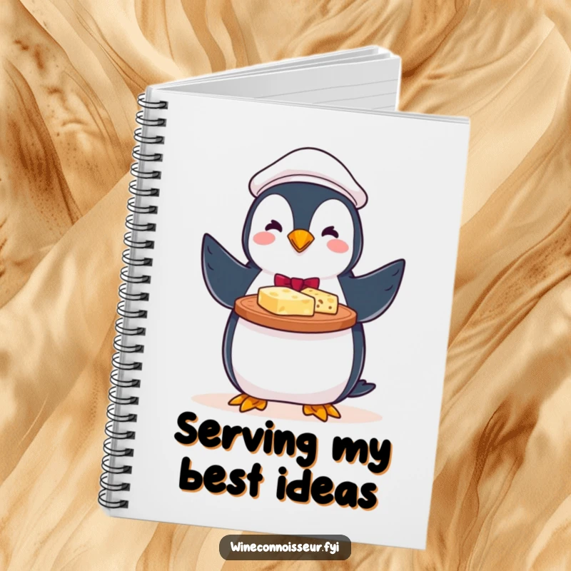 Funny notebook cover featuring a perky penguin server offering a cheese platter, ideal for planning events.