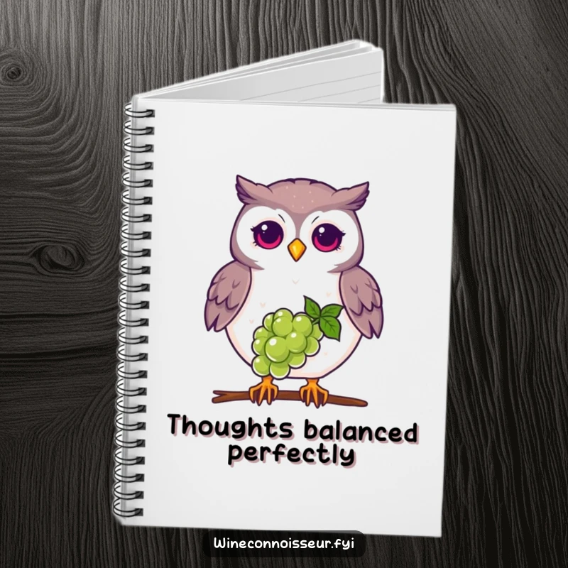 Funny proud owl notebook, balancing grape on beak, cute stationery for notes and journaling.