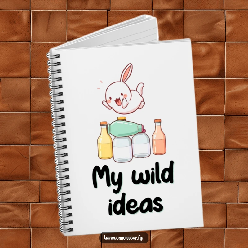 Funny notebook with a playful rabbit character somersaulting over stacked bottles, perfect for capturing ideas with energetic humor.