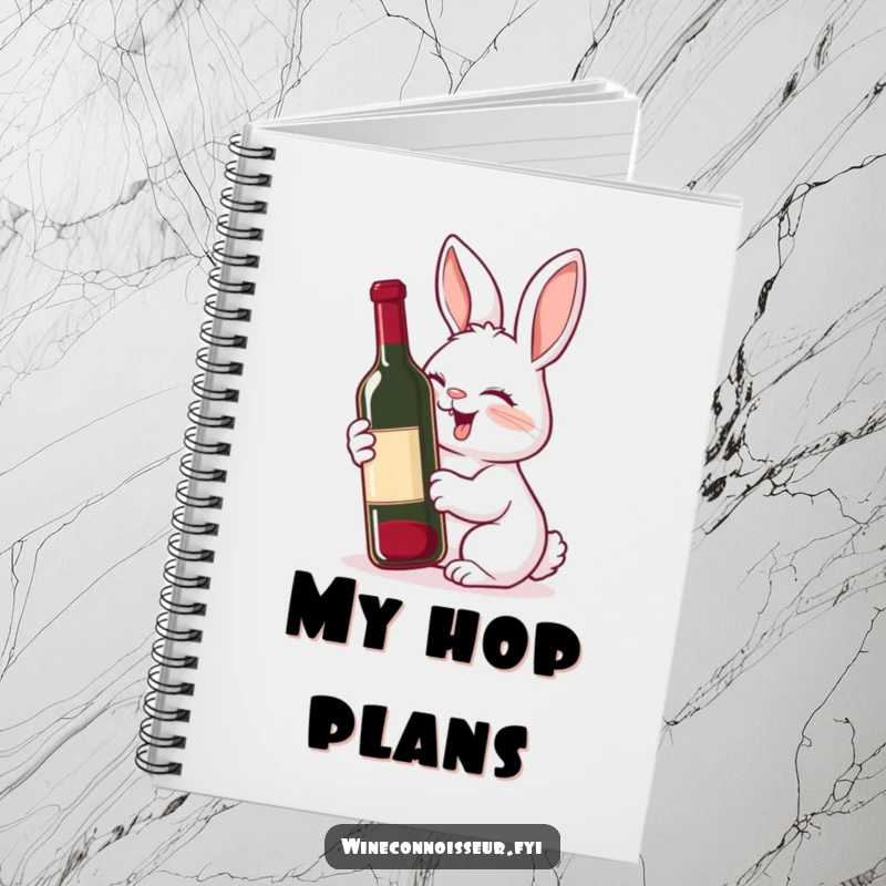 Funny notebook cover with a giggling rabbit showing delight while sniffing a wine bottle, perfect for whimsical note-taking.