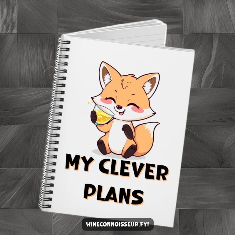 Funny notebook with a sophisticated fox character swirling sparkling liquid, perfect for notes and elegant ideas.