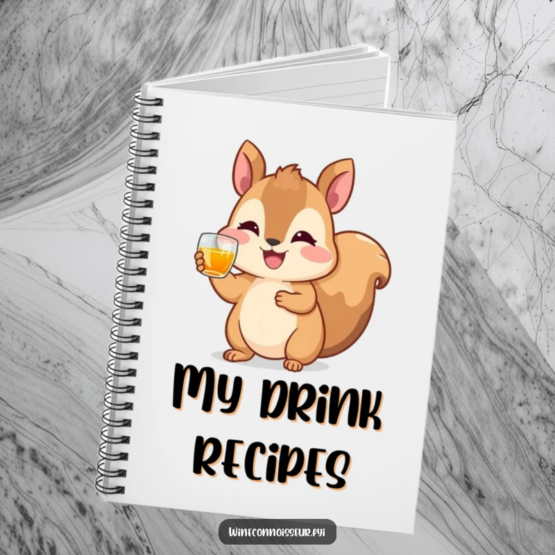 Funny notebook with a happy squirrel character raising a tiny glass of amber liquid, perfect for capturing ideas with joyful humor.