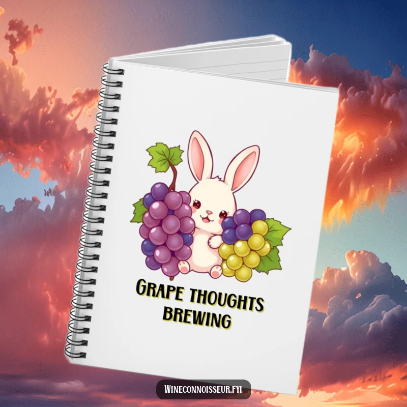 Funny rabbit peeking from grapes on a notebook cover, a humorous illustration for note-taking, making it a funny gift.