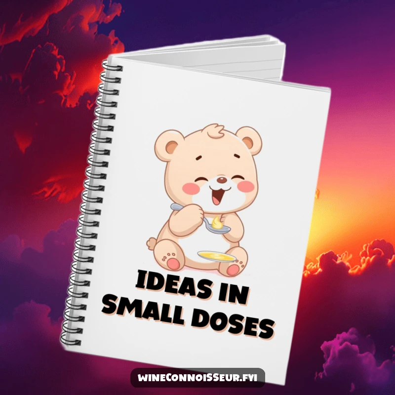 Funny notebook with a giggling bear cub character playfully tasting a tiny drop of honey from a miniature spoon, perfect for journaling.