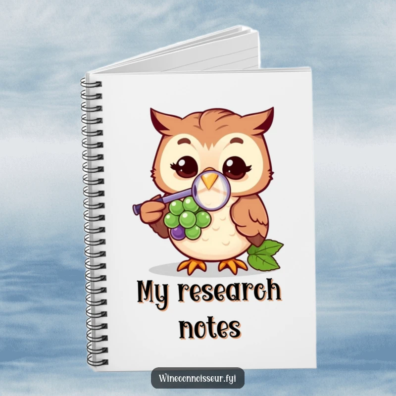 Funny notebook with a cheerful owl character examining a grape with a magnifying glass, designed for noteS and humorous inspiration.